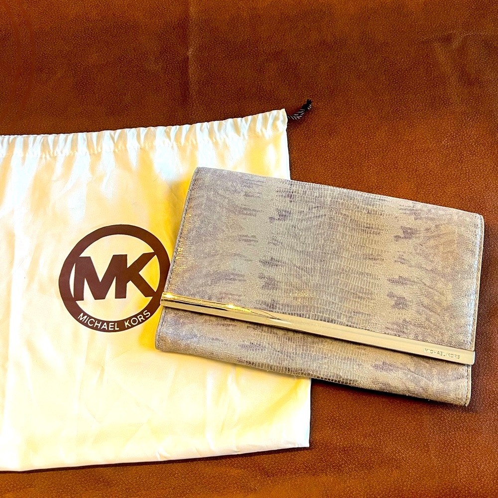 Michael Kors Snakeskin Embossed Large Grey Clutch